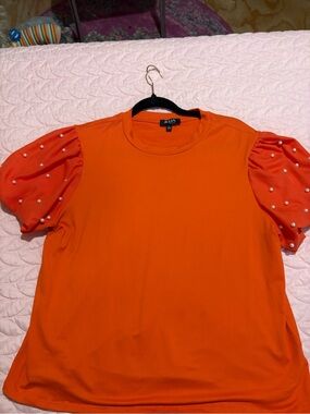 Women's Orange Puff Sleeve Pearl-Accent Top